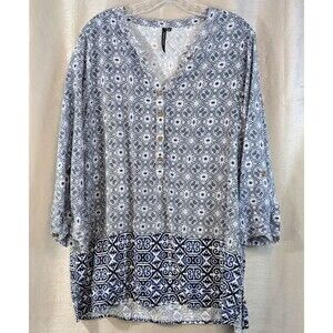 Cathy Woman Size 2XL Bohemian V-Neck Blue & White Tunic 3/4 Roll Tab Sleeve Boho